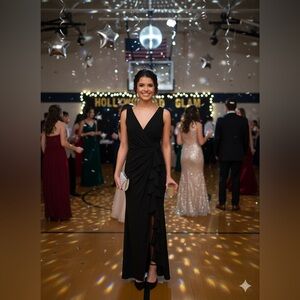 Betsy & Adam Elegant Black Asymmetrical‎ Dress Floor Length Formal LBD Size 8